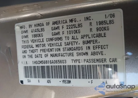 2006 Honda Accord 2.4 Ex from USA, damaged, VIN 1HGCM56816A065603